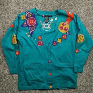 IB Diffusion Cardigan Mens‎ XL Teal Vintage 90s Embroidered Knit Sweater Retro
